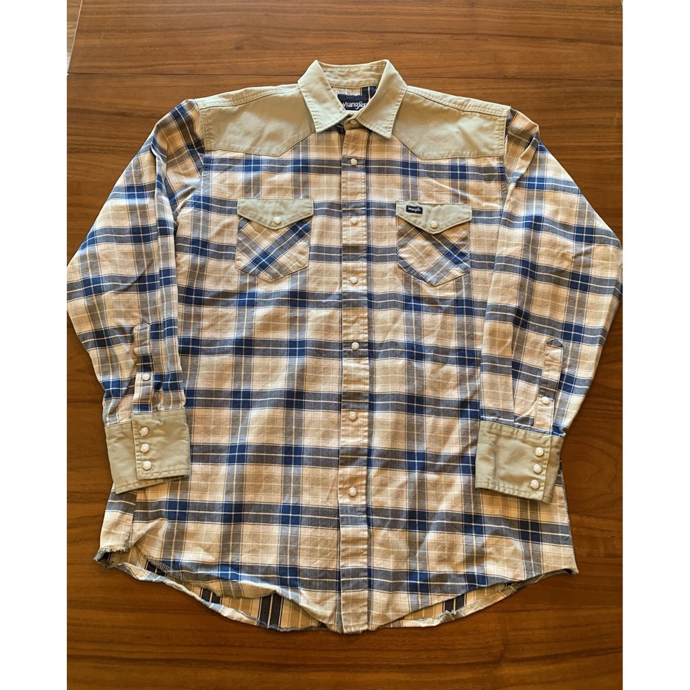 Wrangler BRUSHPOPPER Western Pearl Snap Shirt Men's XL Tan Plaid Heavyweight